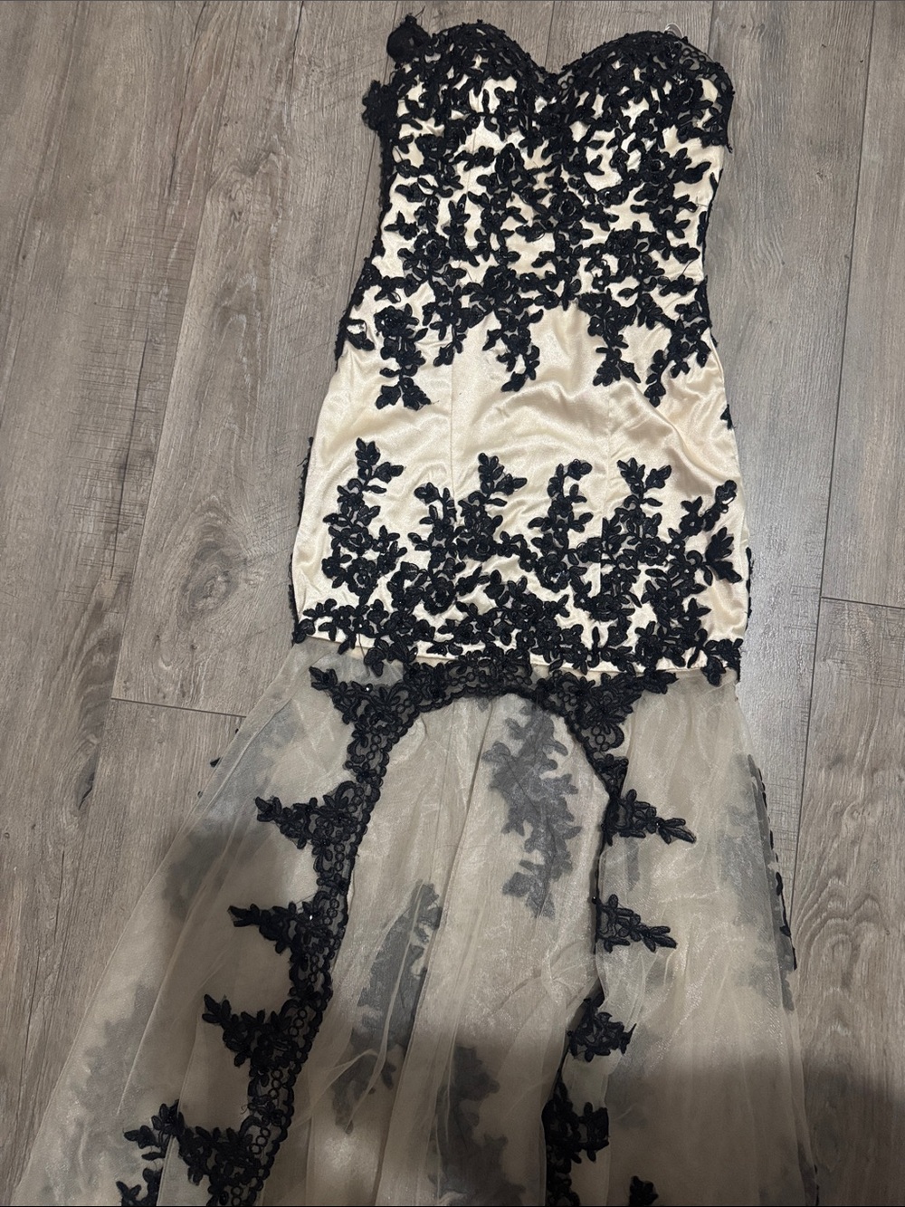 Strapless Ivory Gown with Black Lace Appliqué